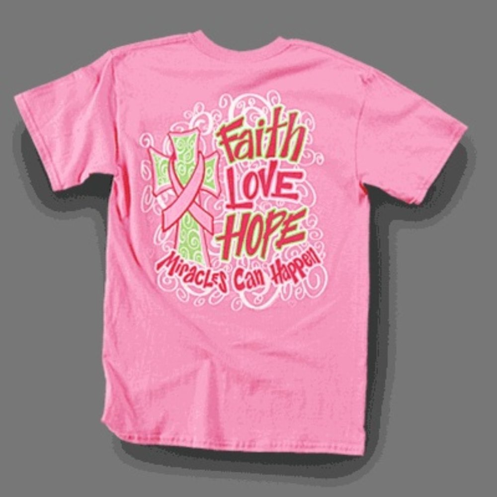 Faith, Love & Hope Miracles Can Happen Pink Ribbon Cross Tee Shirt